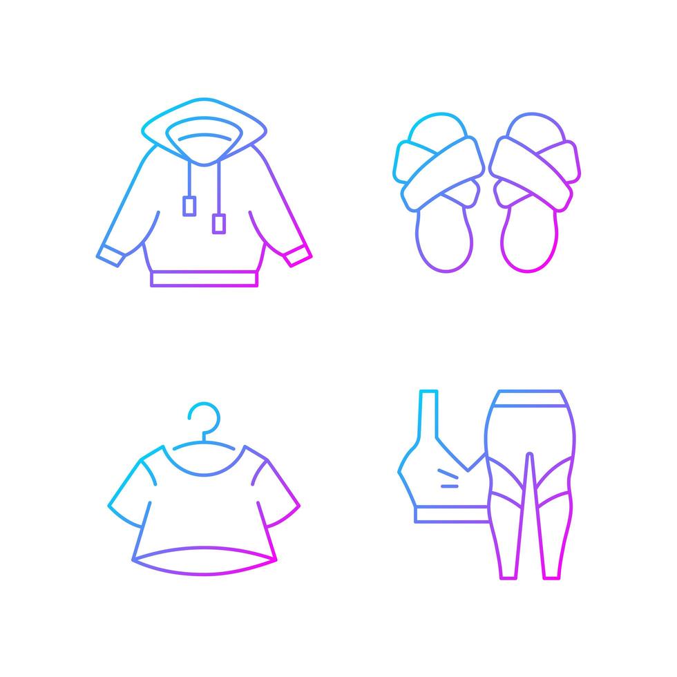 Pajamas for home gradient linear vector icons set. Hoodied shirt. Cross band slippers. Crop top. Trendy sportswear. Thin line contour symbols bundle. Isolated vector outline illustrations collection