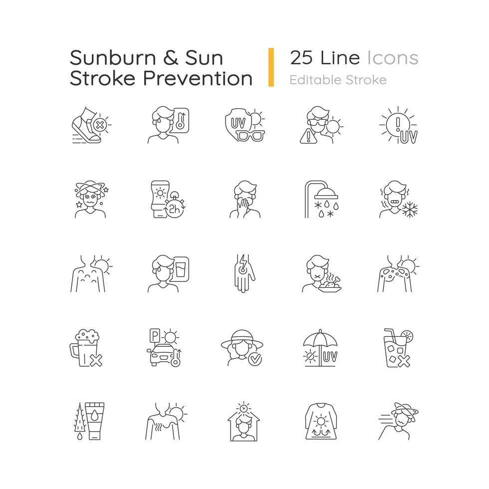 Sunburn and sunstroke prevention linear icons set. Heatstroke symptoms. Hot weather during summer. Customizable thin line contour symbols. Isolated vector outline illustrations. Editable stroke