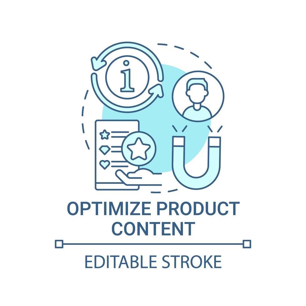 Optimize product content concept icon. Online marketplace success abstract idea thin line illustration. Improving item page search visibility. Vector isolated outline color drawing. Editable stroke