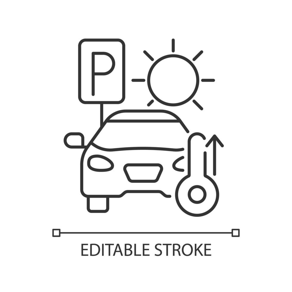 Not staying in parked car linear icon. High temperature in automobile on parking. Thin line customizable illustration. Contour symbol. Vector isolated outline drawing. Editable stroke