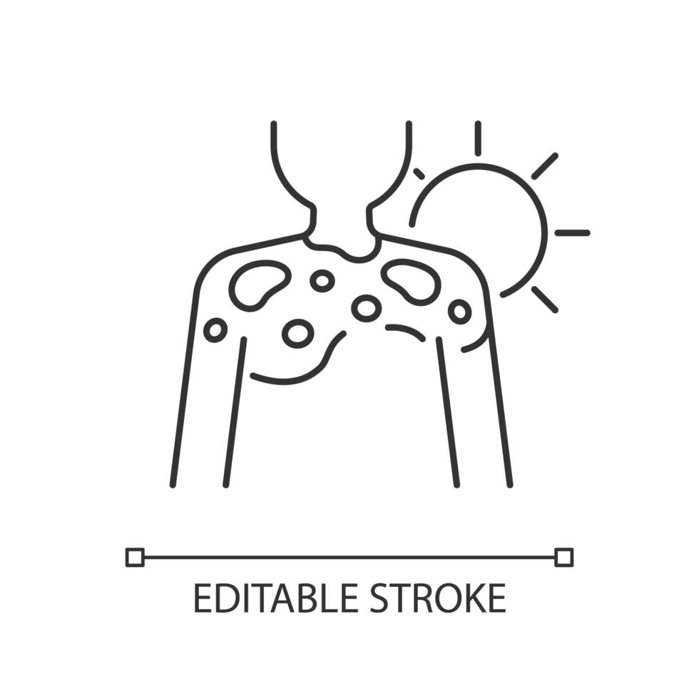 Peeling skin linear icon. Sunburn from excessive sun exposure. Ultraviolet rays damage to body. Thin line customizable illustration. Contour symbol. Vector isolated outline drawing. Editable stroke