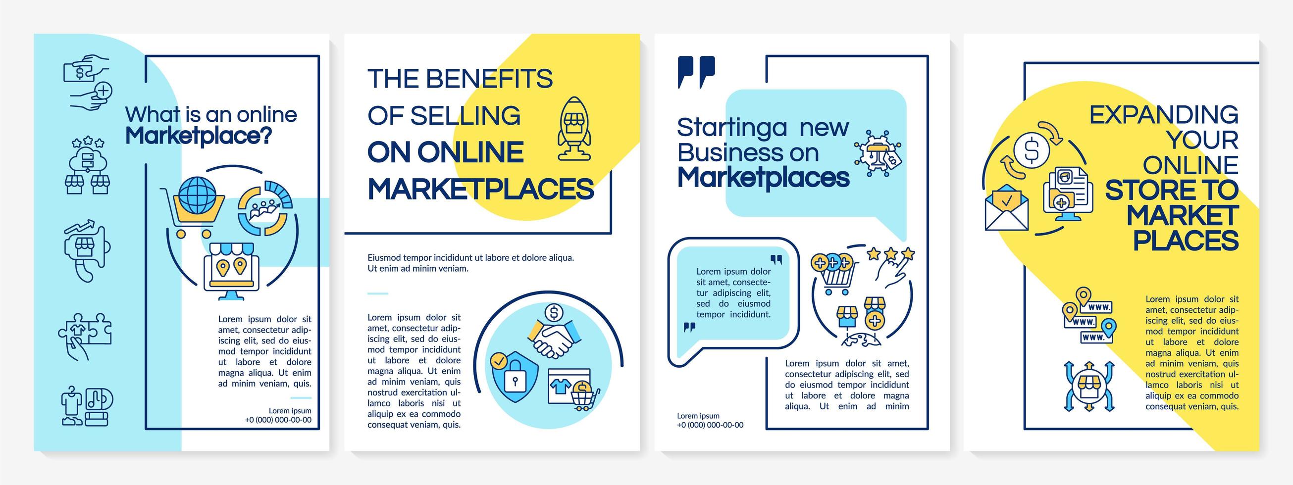 What is an online marketplace brochure template. E business ideas. Flyer, booklet, leaflet print, cover design with linear icons. Vector layouts for presentation, annual reports, advertisement pages