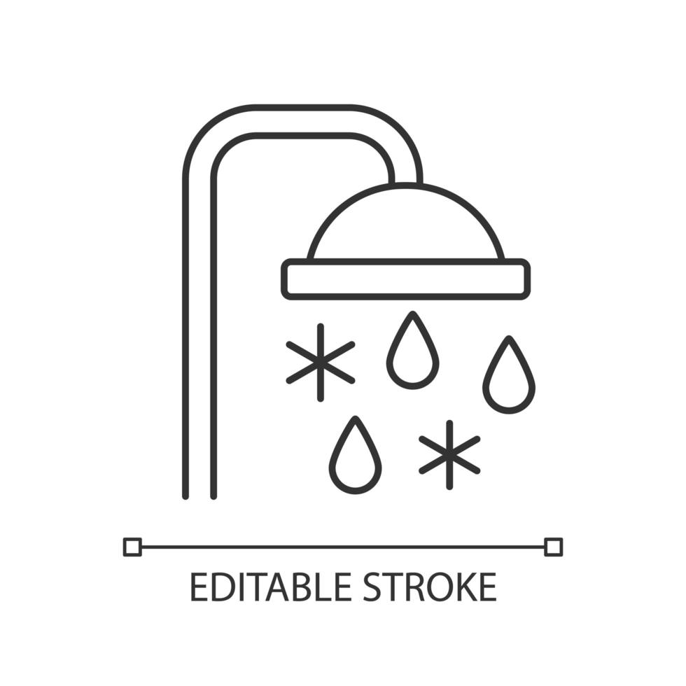 tomando el icono lineal de baño o ducha fría. Agua de enfriamiento en baño. que fluye líquido del grifo. Ilustración personalizable de línea fina. símbolo de contorno. dibujo de contorno aislado vectorial. trazo editable vector