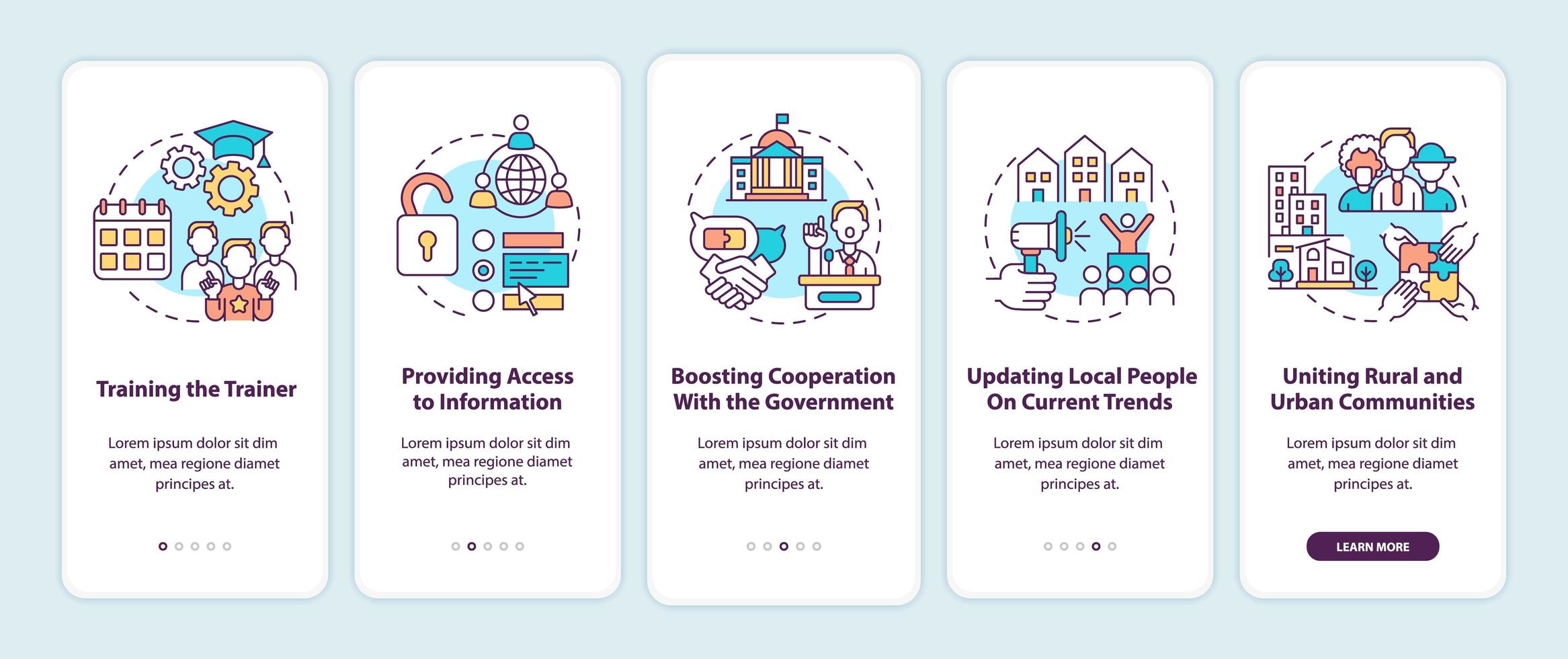 Community development steps onboarding mobile app page screen with concepts. Access to information walkthrough 5 steps graphic instructions. UI, UX, GUI vector template with linear color illustrations