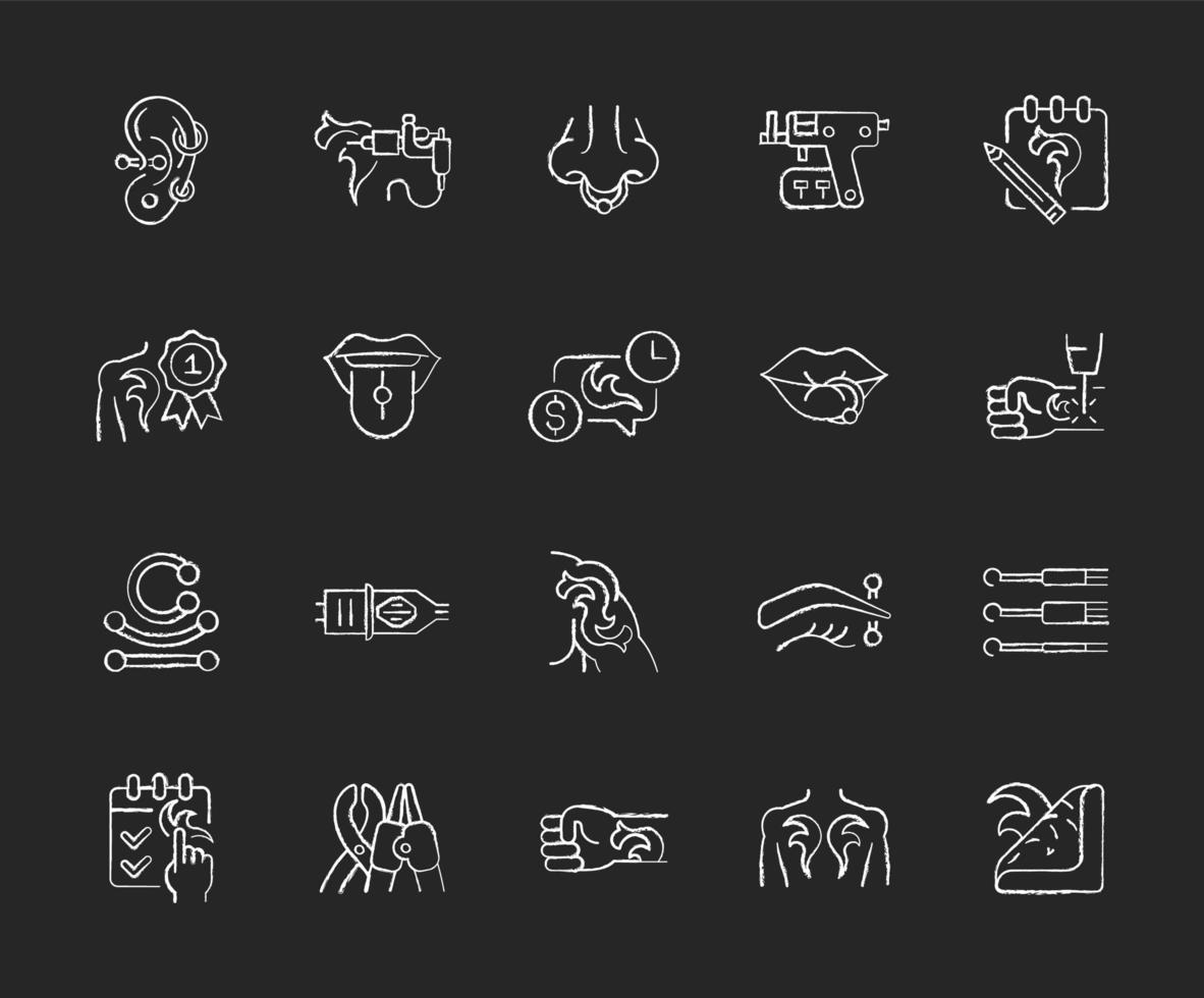 Tattoo and piercing chalk white icons set on dark background. Creating pictures on human skin. Valuable jewellery in body. Professional tools. Isolated vector chalkboard illustrations on black