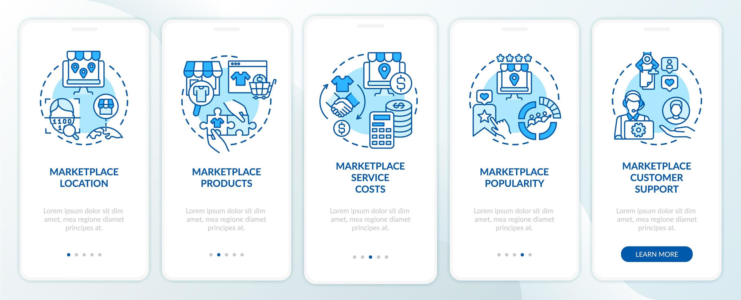 Parámetros de elección de mercado incorporando la pantalla de la página de la aplicación móvil lugar, recorrido de mercancías Instrucciones gráficas de 5 pasos con conceptos. ui, ux, plantilla de vector de interfaz gráfica de usuario con ilustraciones en color lineal