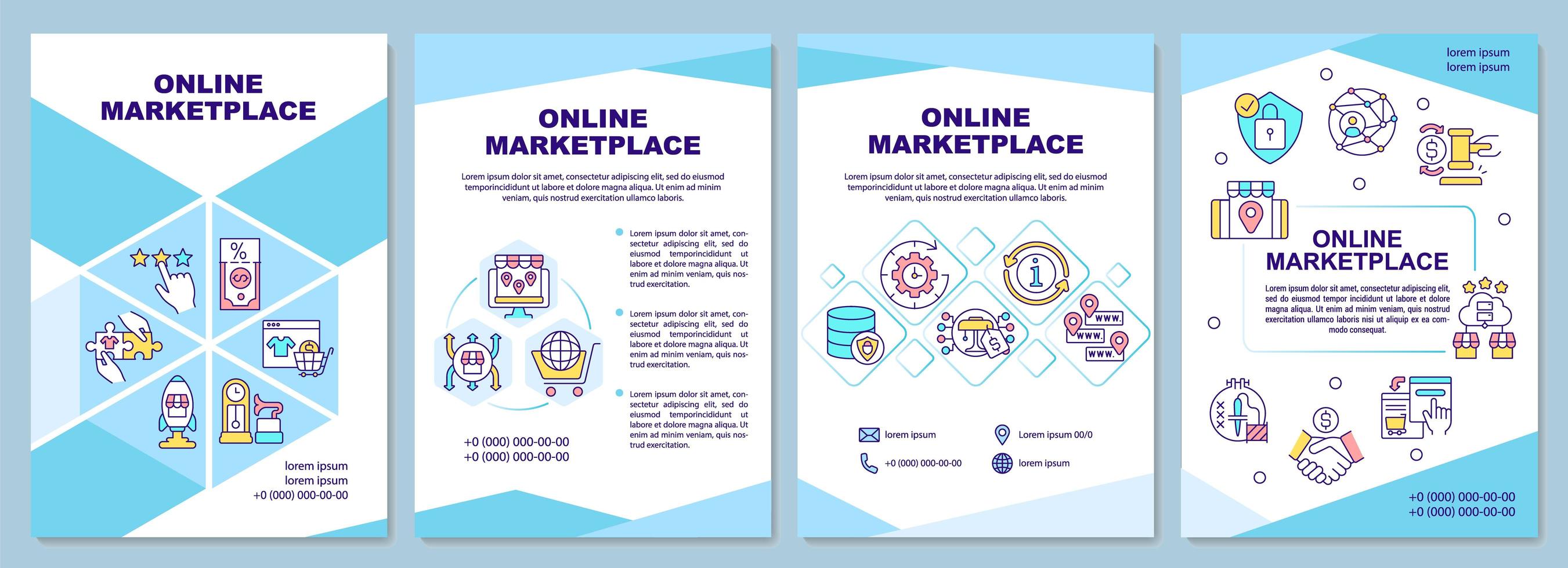 Online marketplace brochure template. E commerce products. Flyer, booklet, leaflet print, cover design with linear icons. Vector layouts for presentation, annual reports, advertisement pages