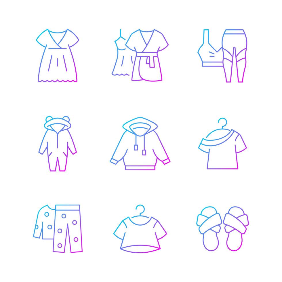 Comfortable sleepwear gradient linear vector icons set. Nightgown and dress for lounging. Sportswear for women. Thin line contour symbols bundle. Isolated vector outline illustrations collection