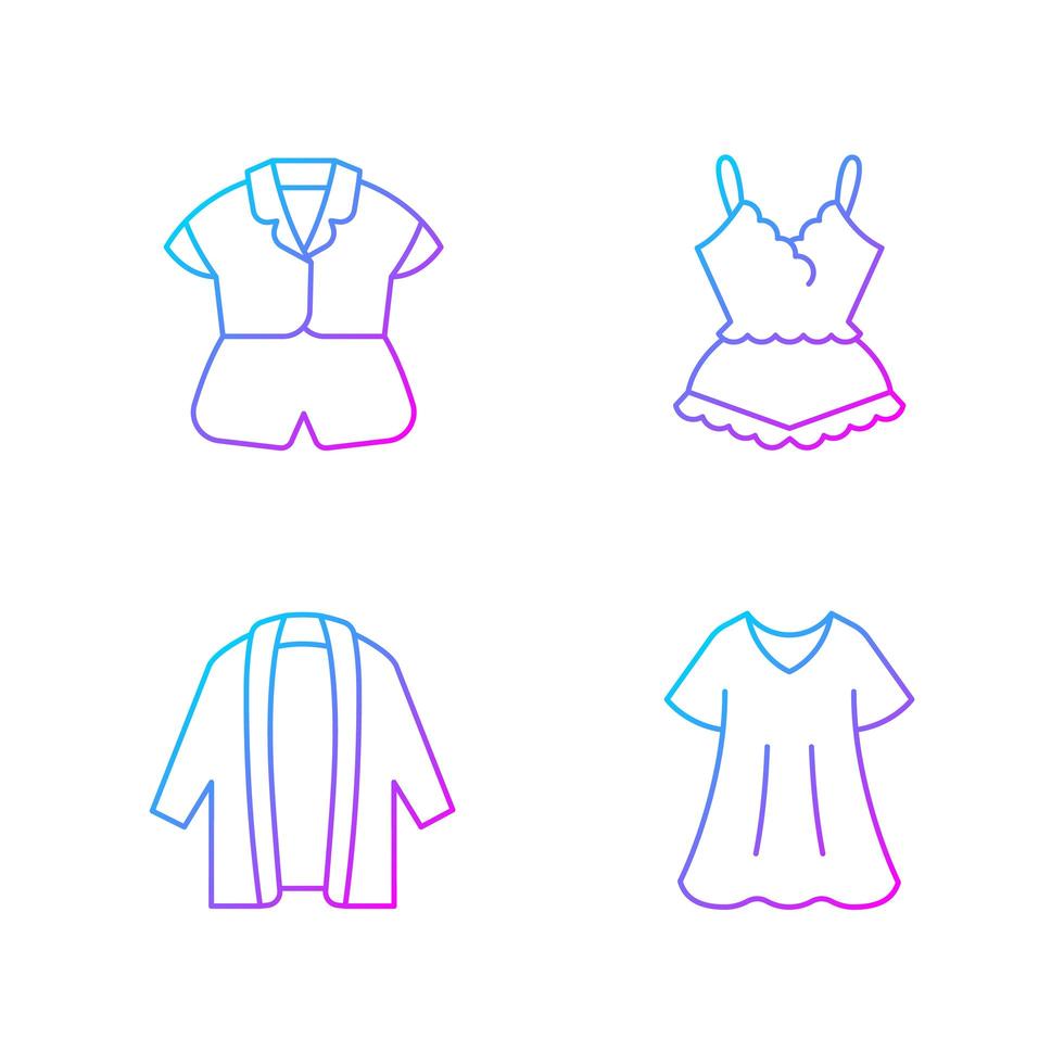 Homewear gradient linear vector icons set. Silk top and shorts. Lace pyjamas. Long cardigan. Sporty dress. Thin line contour symbols bundle. Isolated vector outline illustrations collection