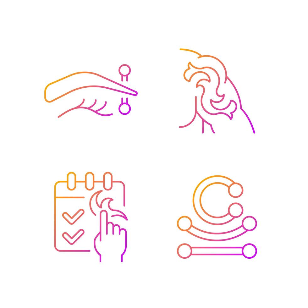 Tattoo and piercing types gradient linear vector icons set. Place on body where jewellery is injected. Thin line contour symbols bundle. Isolated vector outline illustrations collection