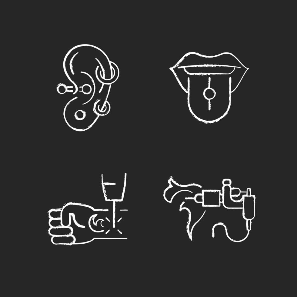 Tattoo and piercing masters chalk white icons set on dark background. Place to put jewellery into skin. Removing ink from body. Professional tool. Isolated vector chalkboard illustrations on black