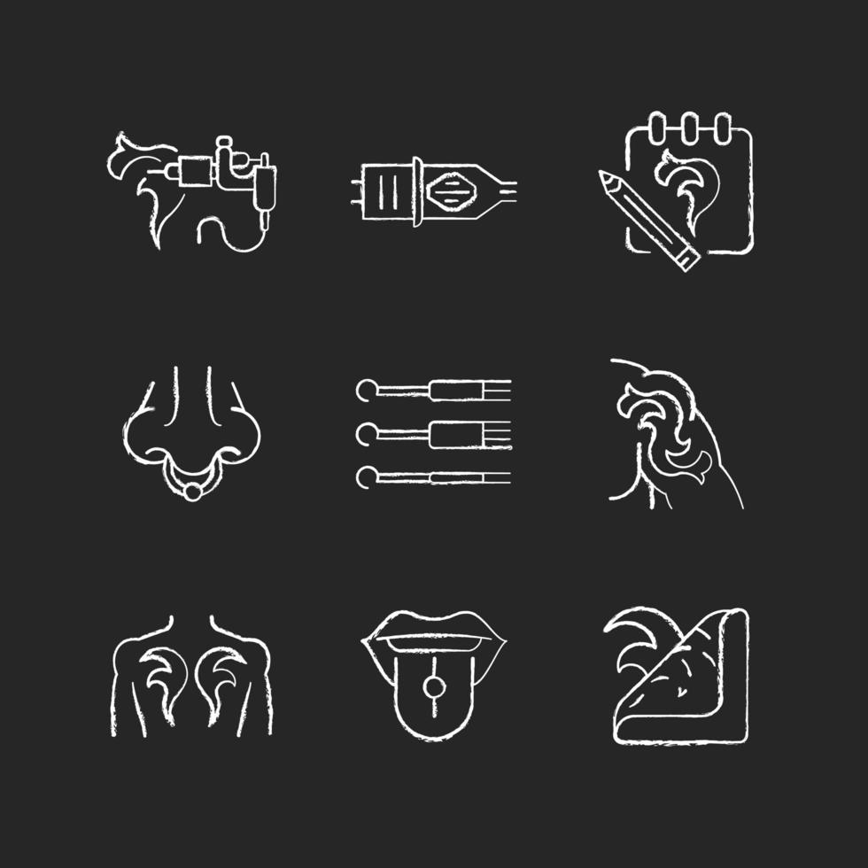 Tattoo and piercing instruments chalk white icons set on dark background. Creating art works on human body. Injecting jewellery. Professional tool. Isolated vector chalkboard illustrations on black