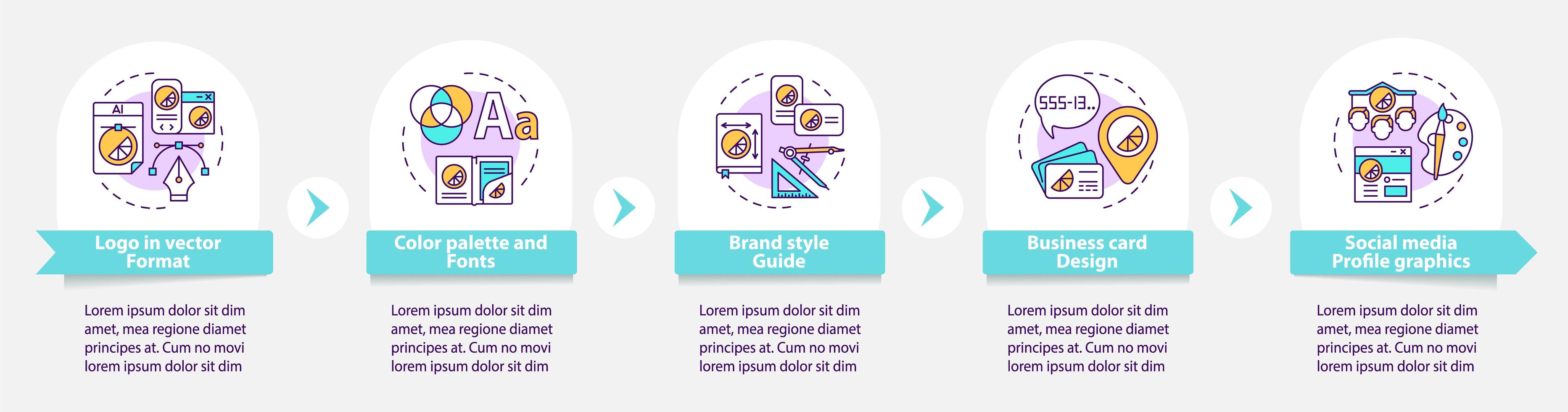 Branding services vector infographic template. Color palette, fonts presentation outline design elements. Data visualization with 5 steps. Process timeline info chart. Workflow layout with line icons