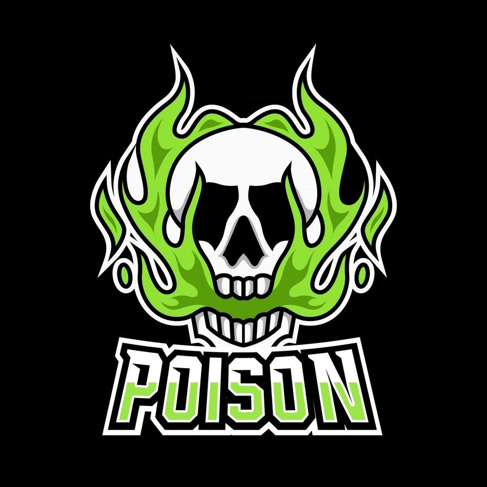 Skull poison toxic mascot gaming logo design template with green fire vector