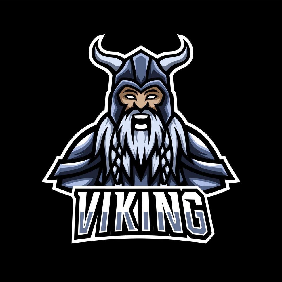 Angry viking sport esport logo design template with armor, helmet, thick beard and mustache vector