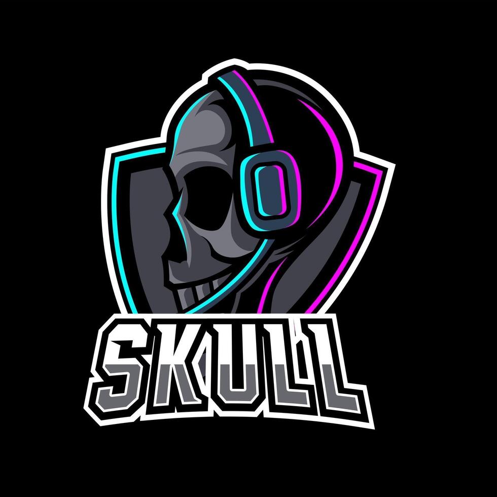 Black skull earphone mascot gaming esport logo template for squad club team vector