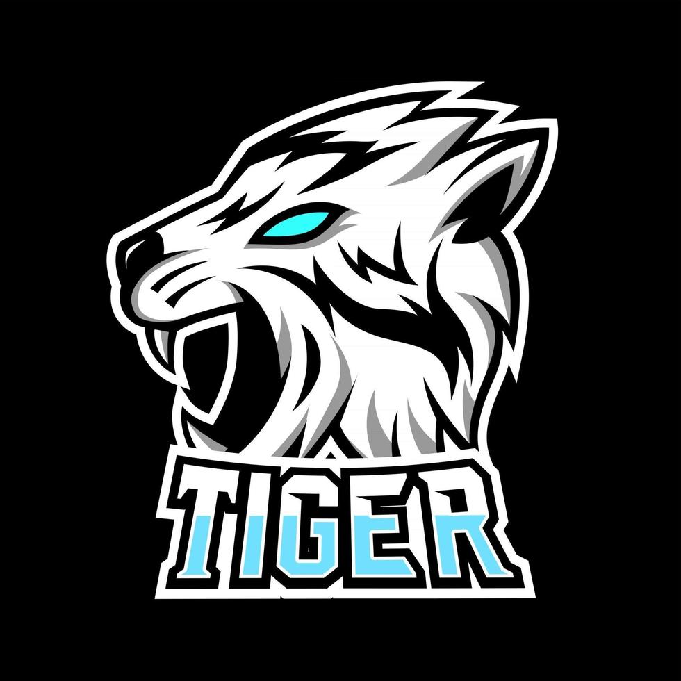 White angry tiger mascot gaming sport esport logo template long fangs vector