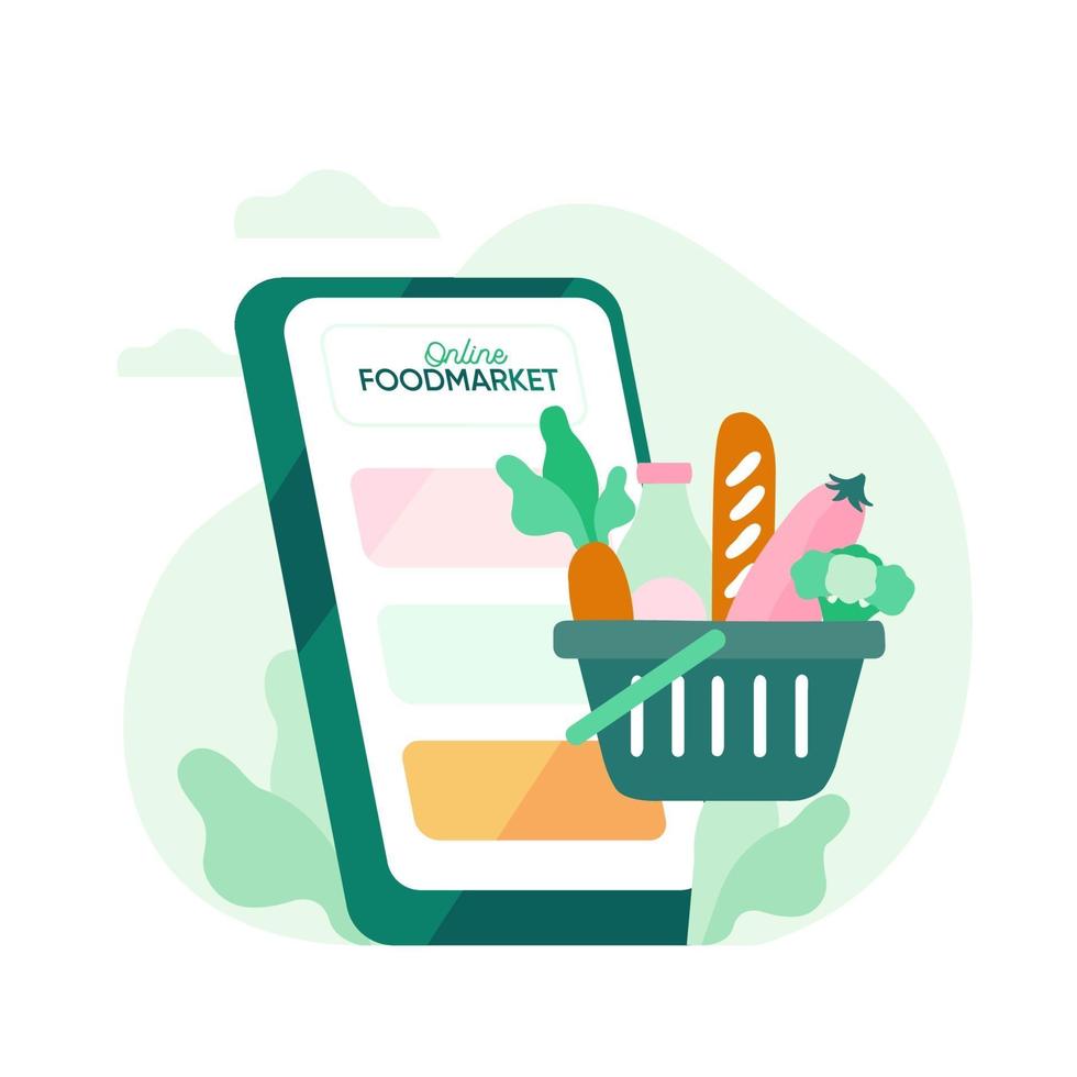 Online food ordering, food delivery concept illustration with food basket and smartphone. vector