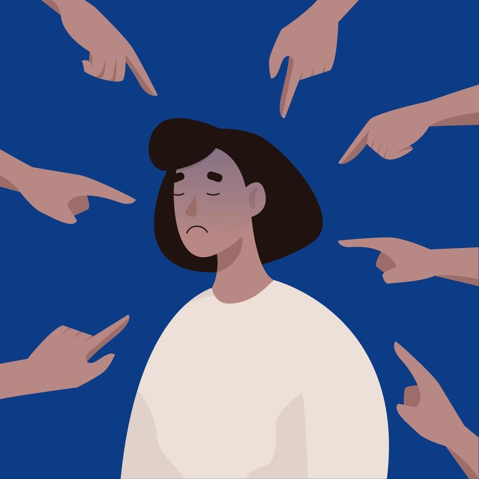 Bullying or humiliation at work. Young upset woman victim of harassment. Fingers pointing at a woman. Vector illustration in flat style.