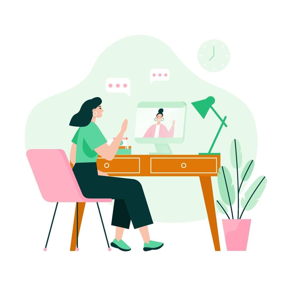 Two friends on video meeting. Video call concept. Flat vector illustration.