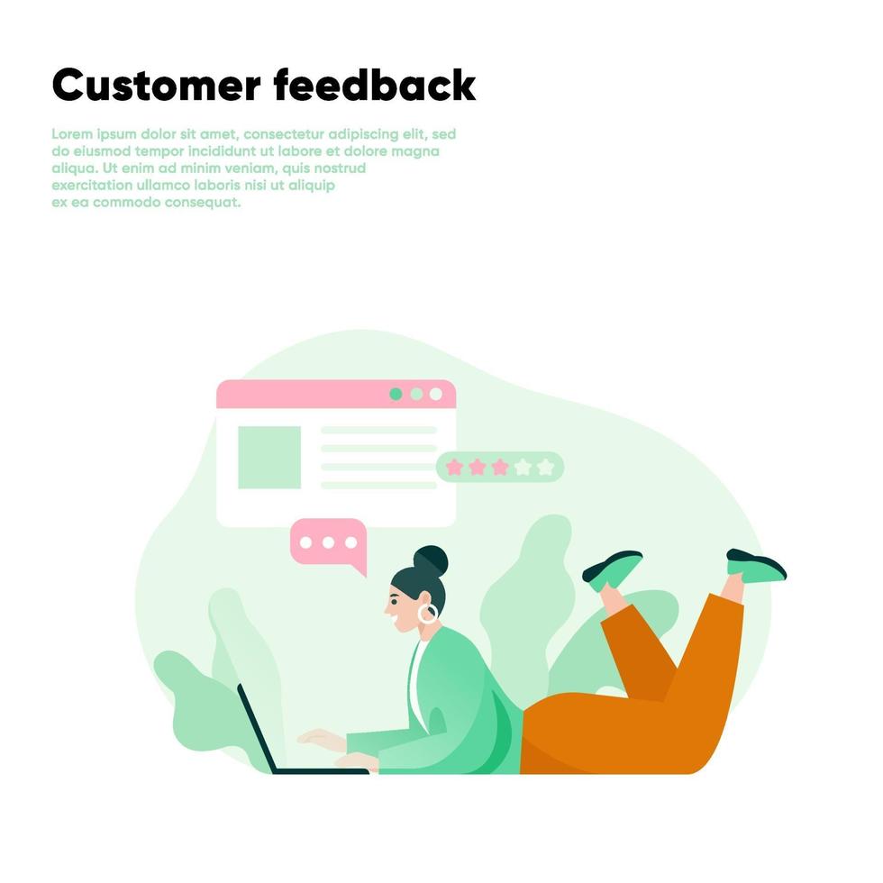 Woman leaving a review using laptop. Customer feedback online review. Testimonials, feedback, rating. Flat vector illustration.