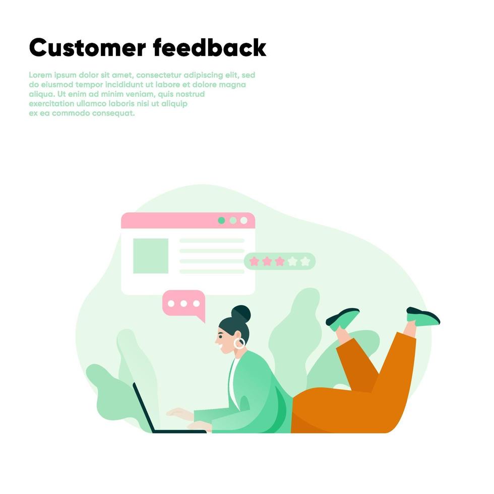 Woman leaving a review using laptop. Customer feedback online review. Testimonials, feedback, rating. Flat vector illustration.