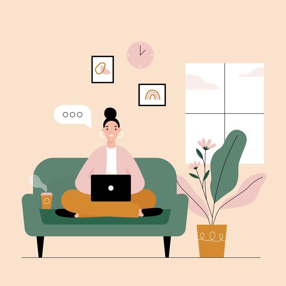 mujer independiente que trabaja en la computadora portátil en casa. trabajo a distancia a domicilio en cuarentena. ilustración de estilo plano de vector. vector