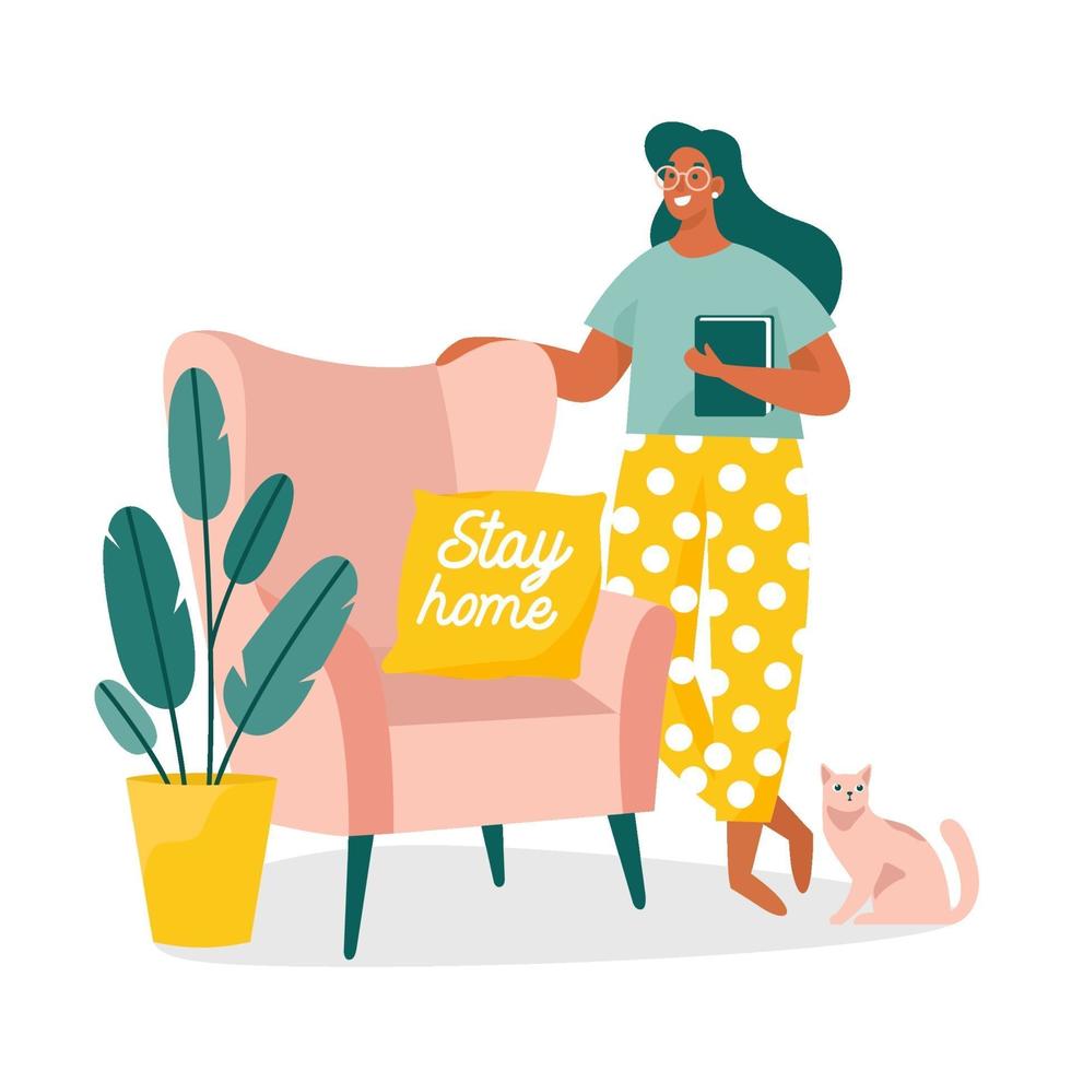 Young smiling woman at home standing near the chair. Stay home, call for isolation period. Vector illustration.