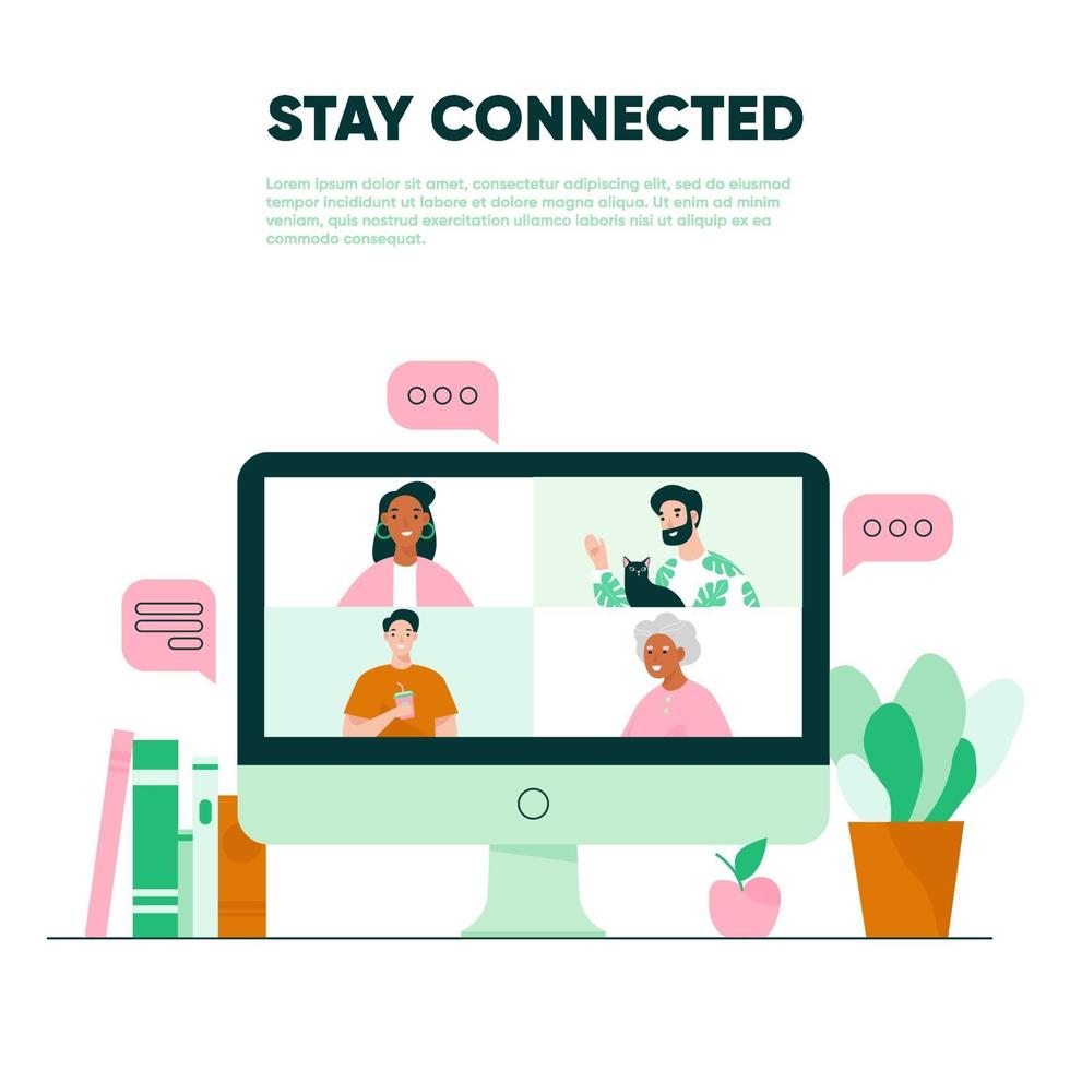 Video call on the screen. Virtual meeting with family. Video conferencing concept for landing page. Flat vector illustration.