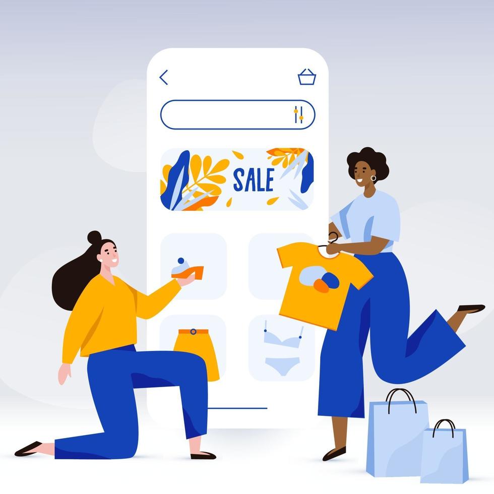 Happy woman with bags run for shopping. Online shop screen template. Sale promotion and shopaholic, Black Friday concept illustration in flat style. vector