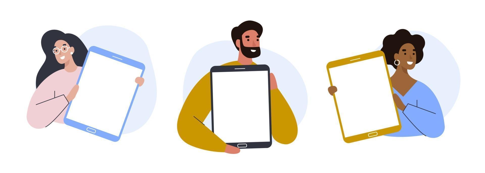 Set of people holding tablets with blank screens. Colorful vector illustration.