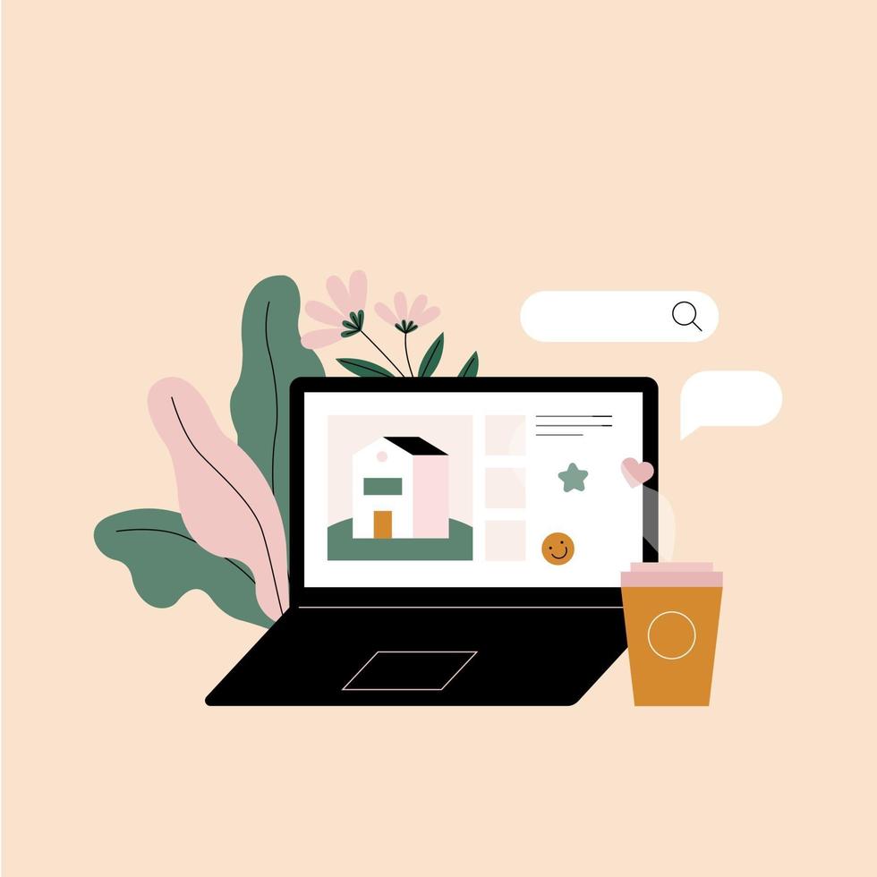 Laptop with house picture on the screen. Online house buying. Desktop with laptop, coffee and flowers. Vector illustration.