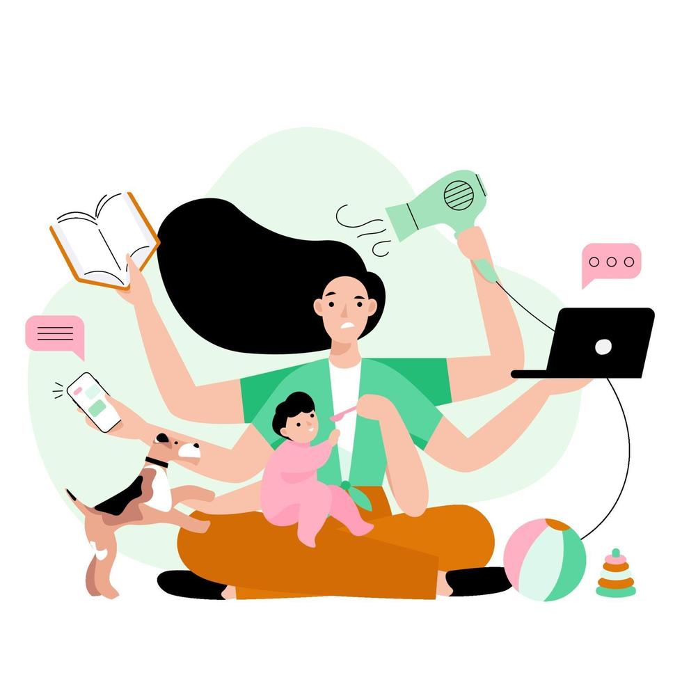 Busy mother doing a lot of work at home. Stressed mom with six hands keeping laptop, book, phone, hairdryer and feeding her child. Multitasking concept vector illustration.