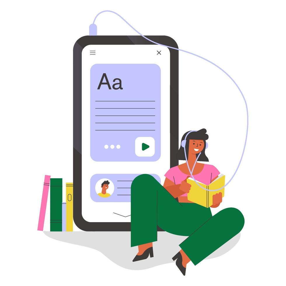 Student with earphones listening online course. Remote education concept illustration. vector