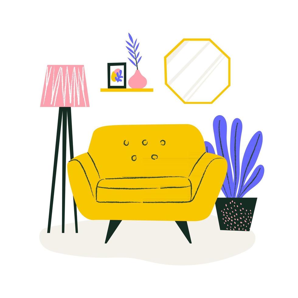 Cute couch in cozy apartment with plant and bookshelf. Home interior concept. Spot illustration for website. vector