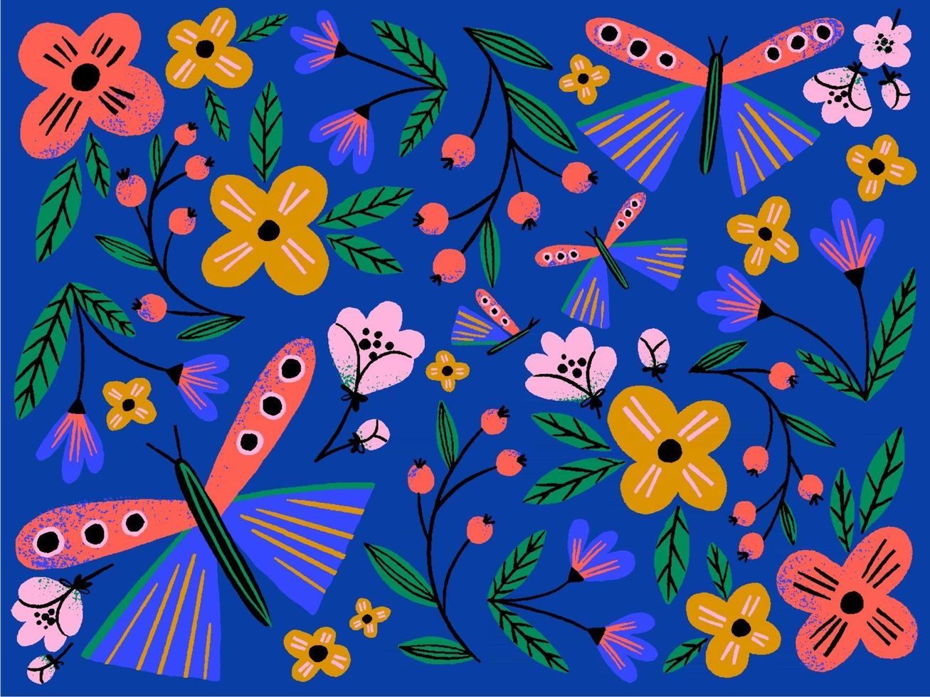 Hand drawn creative flowers and butterflies pattern on dark blue background. Colorful floral pattern for textile design and web banner. vector