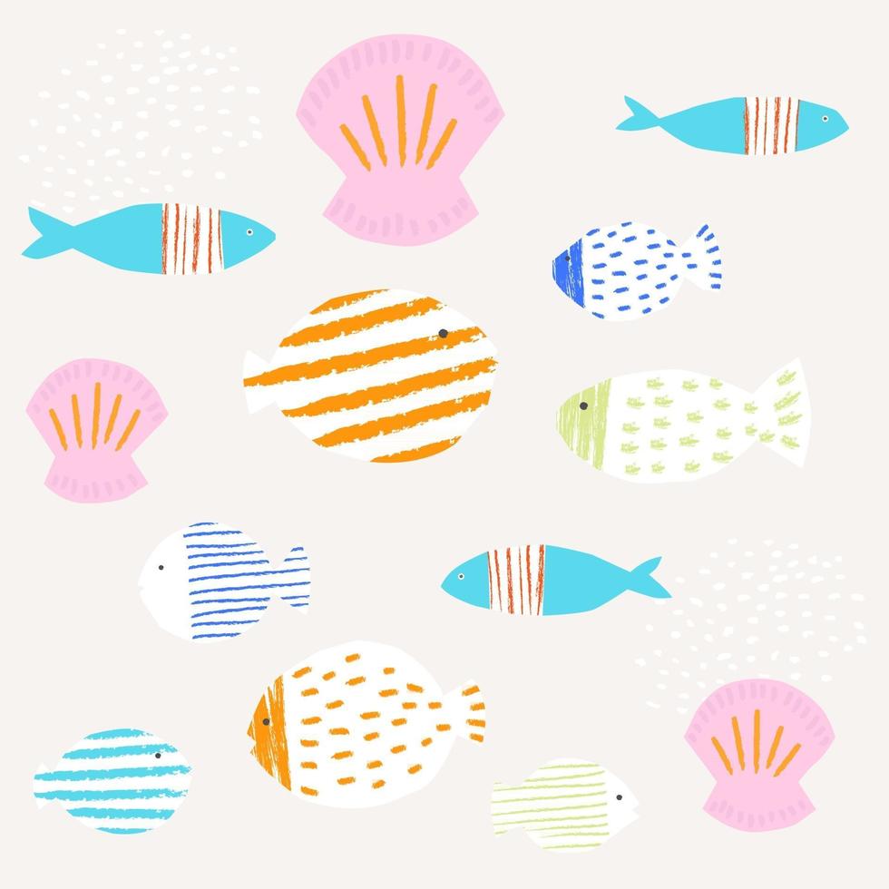 Set of colorful fish and shells. Summer sea pattern for textile. Paper cut out simple illustration. vector
