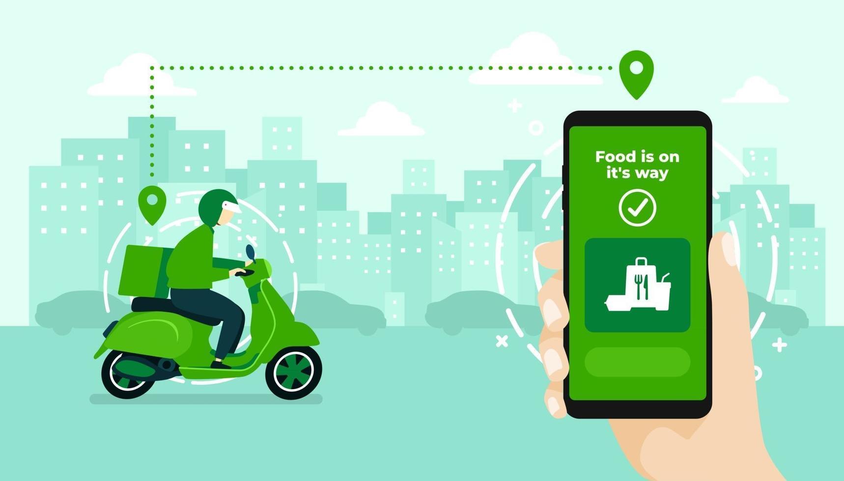 Food delivery service by scooter with courier. Hand holding mobile application tracking a delivery man on a moped. city skyline in the background. vector