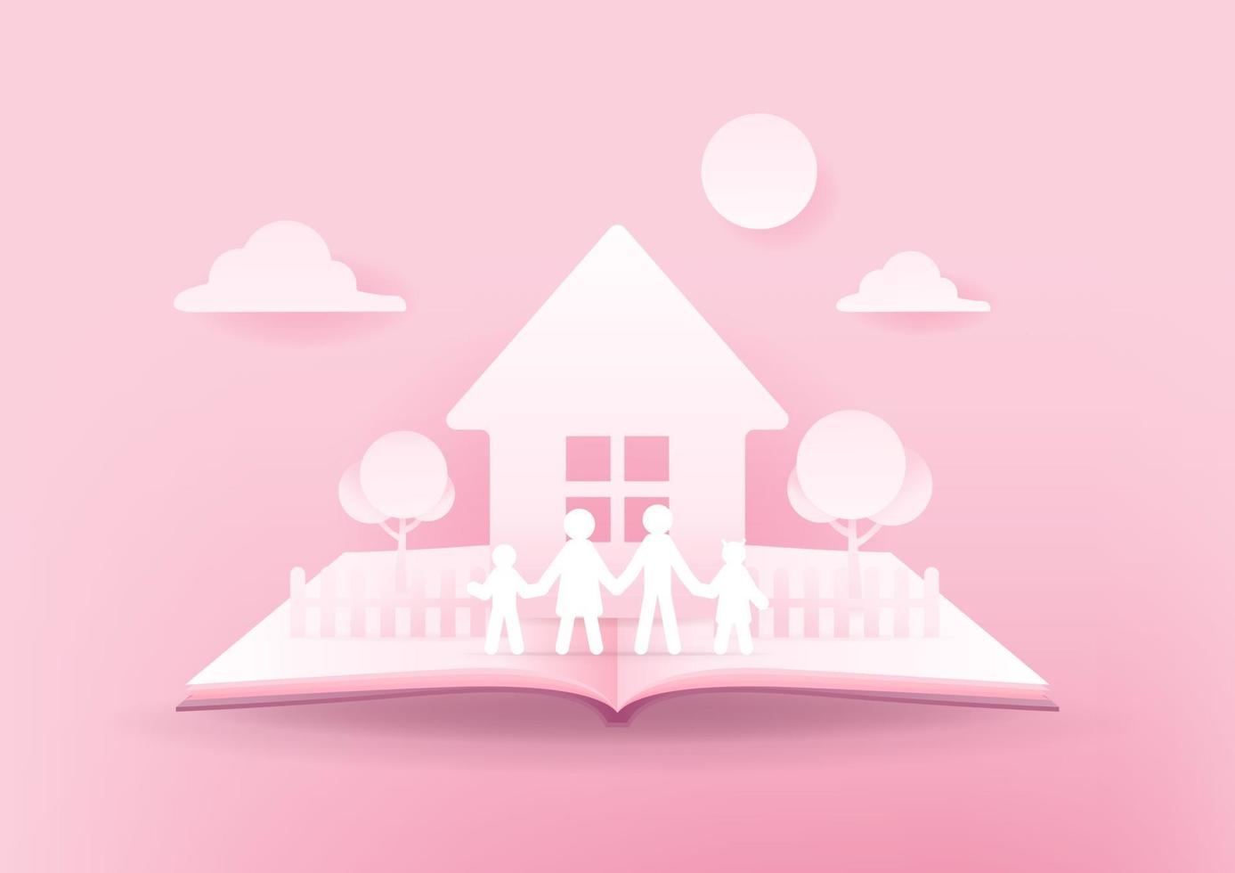 libro abierto de familia feliz. Casa y papel familiar 3d sobre fondo rosa. concepto de familia feliz. vector