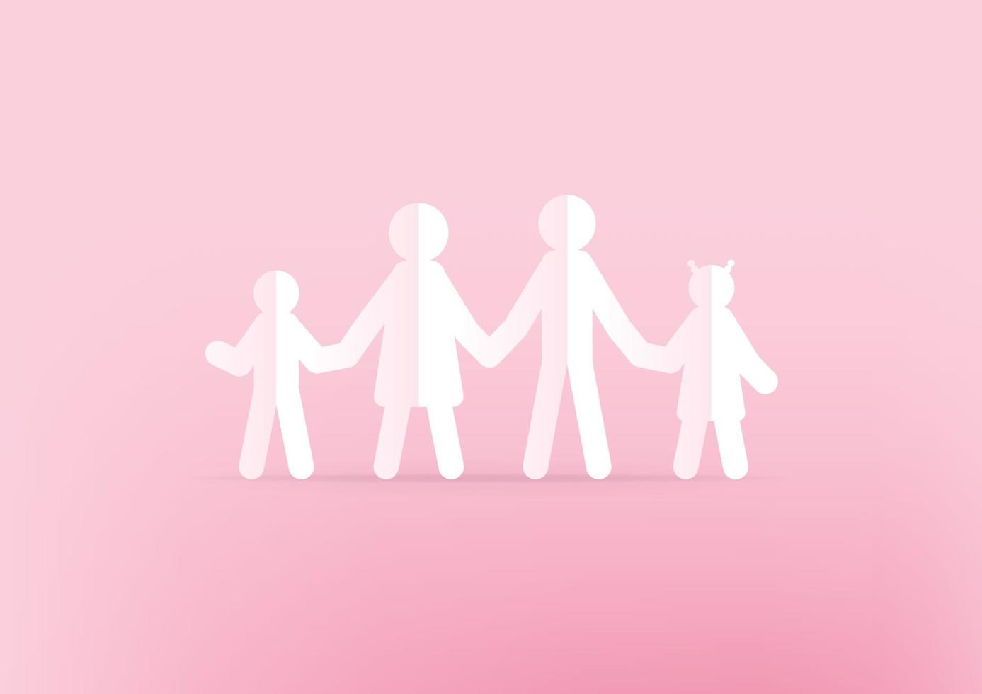 Family paper holding hands on pink background. Happy family concept. vector