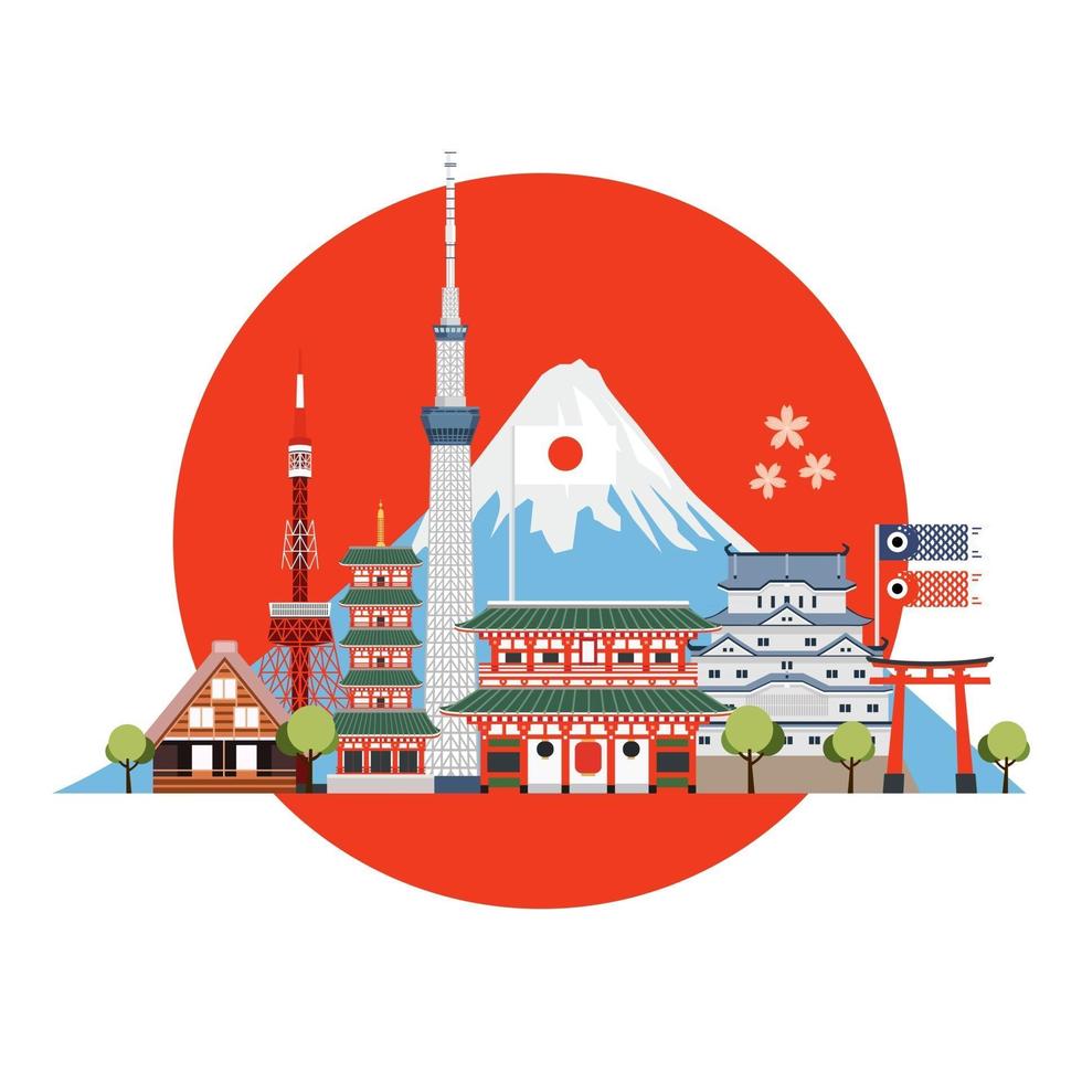 Japan travel places and landmarks. Travel postcard, tour advertising of Japan. vector