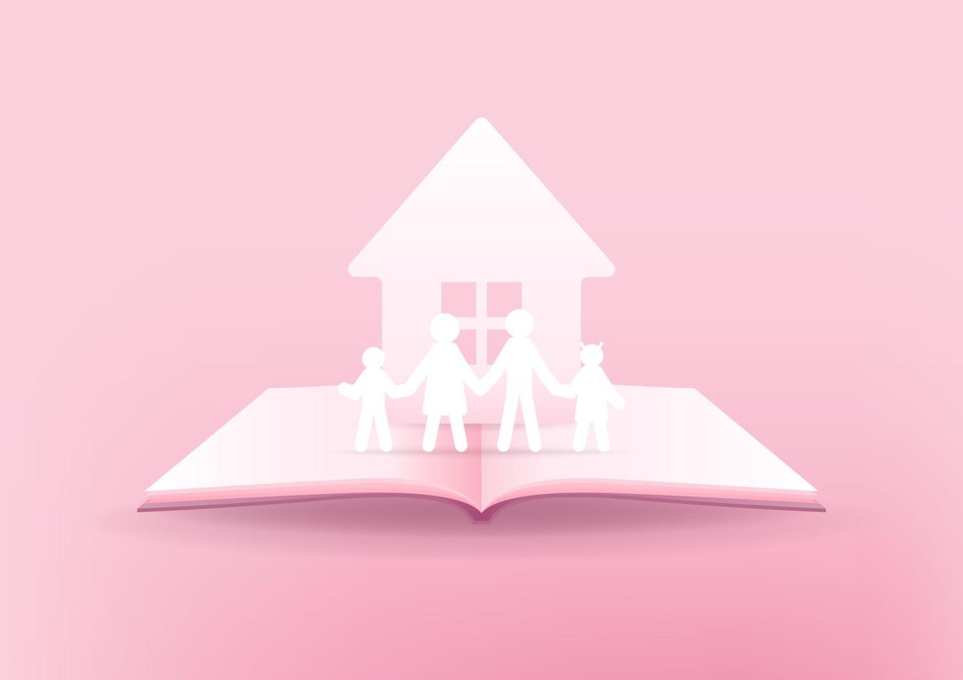 libro abierto de familia feliz. Casa y papel familiar 3d sobre fondo rosa. concepto de familia feliz. vector