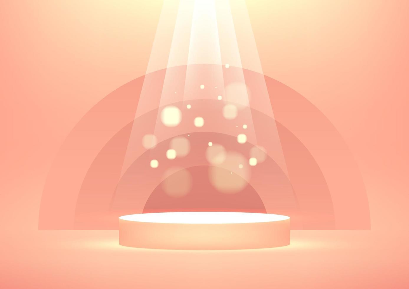 Podio vacío con brillantes rayos de luz brillantes sobre fondo naranja para exhibición de productos con espacio de copia. vector