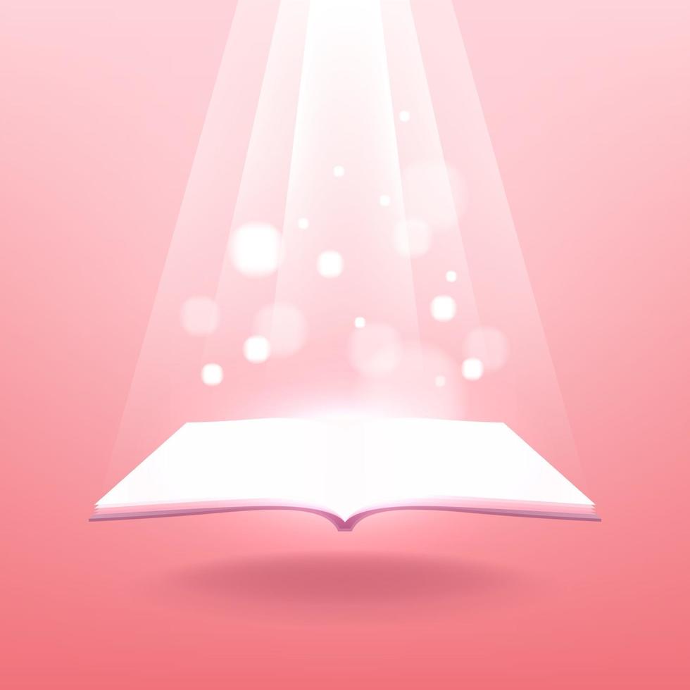 Open magic book with bright sparkling light rays. vector