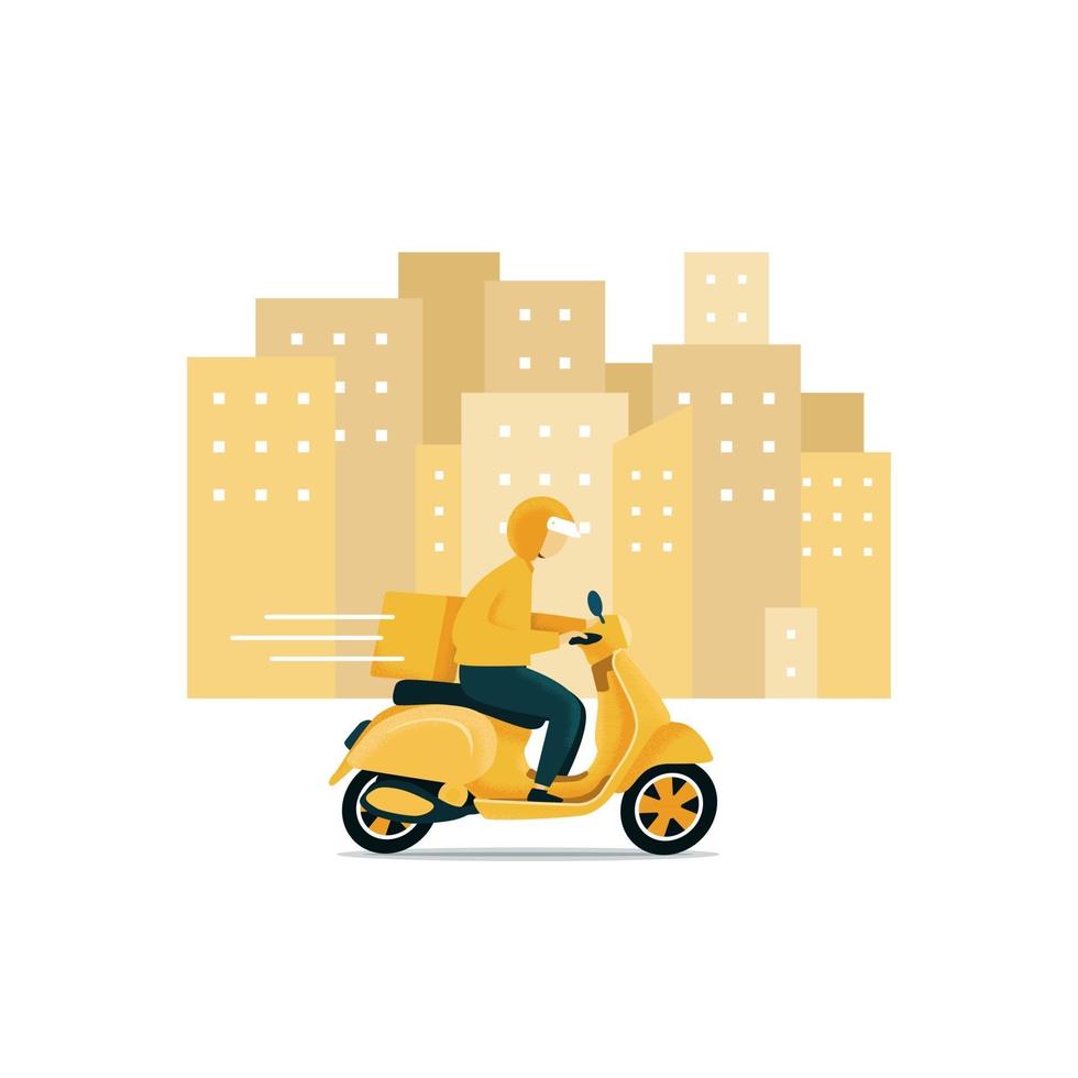 repartidor en scooter. mensajero de hombre montando scooter con concepto de entrega rápida de caja de paquetería. vector