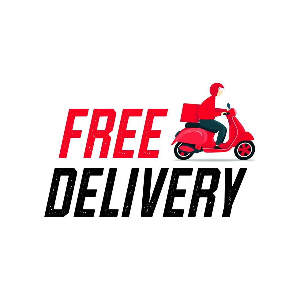 Free Delivery man riding a scooter. Man courier riding scooter with parcel box fast delivery concept. vector