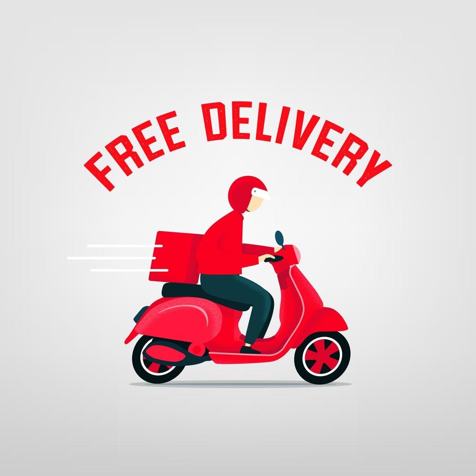 Repartidor gratuito en scooter. mensajero de hombre montando scooter con concepto de entrega rápida de caja de paquetería. vector