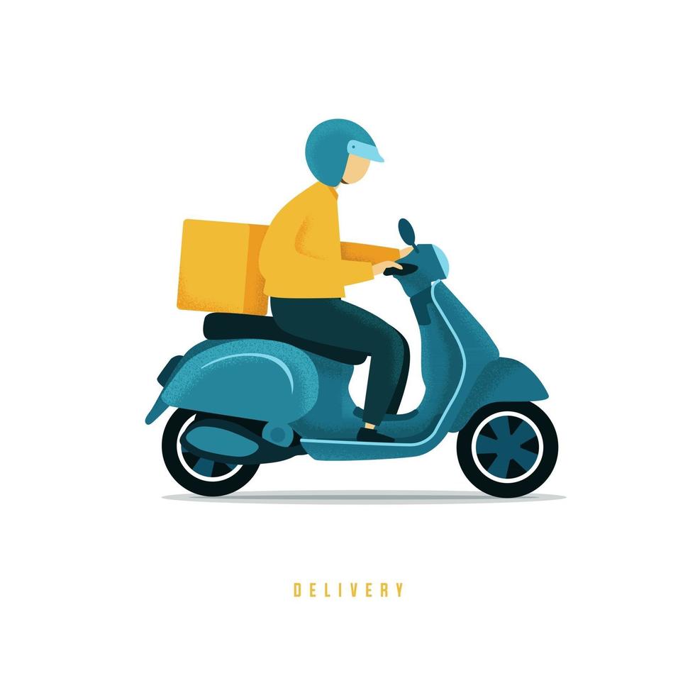 Repartidor de comida montando un scooter azul. mensajero de hombre montando scooter con concepto de entrega rápida de caja de paquetería. vector