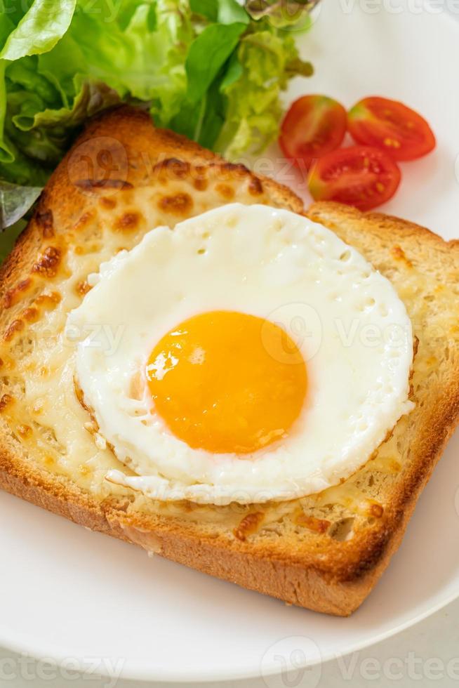 Homemade bread toasted with cheese and fried egg on top with vegetable salad for breakfast photo