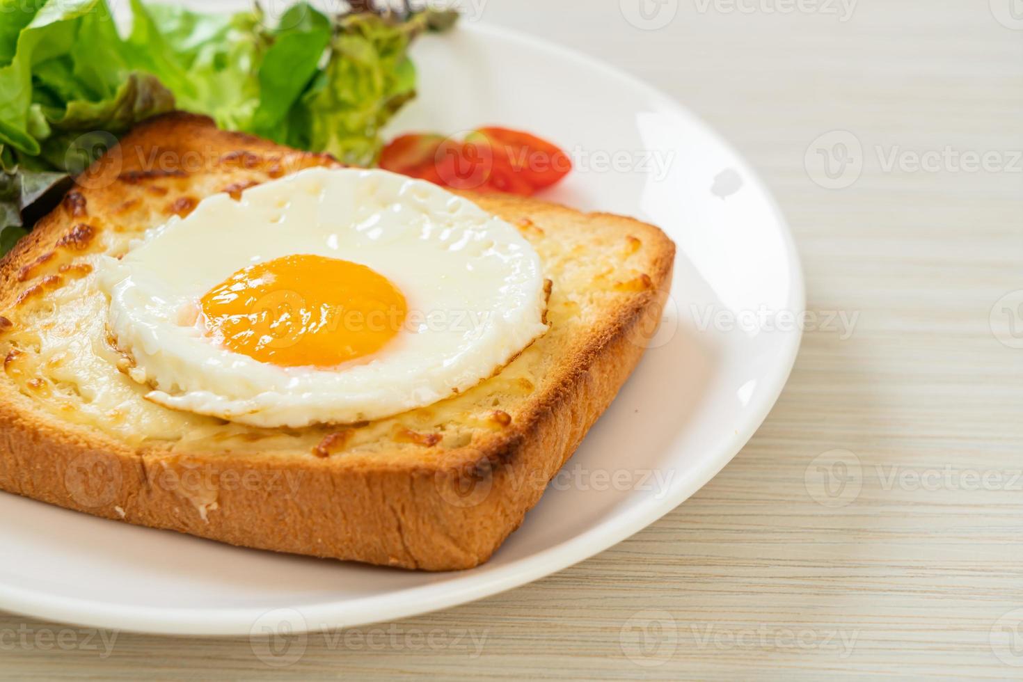 Homemade bread toasted with cheese and fried egg on top with vegetable salad for breakfast photo